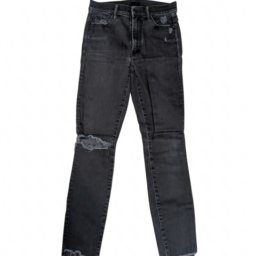 MOTHER The Looker High Rise Skinny Jeans Black Distressed Frayed Step Hem